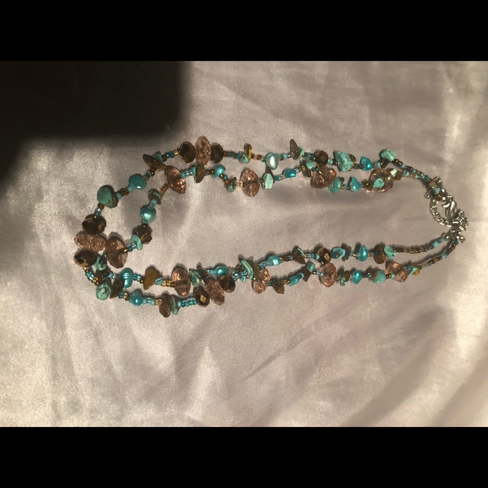 Turquoise and bronze beaded double necklace